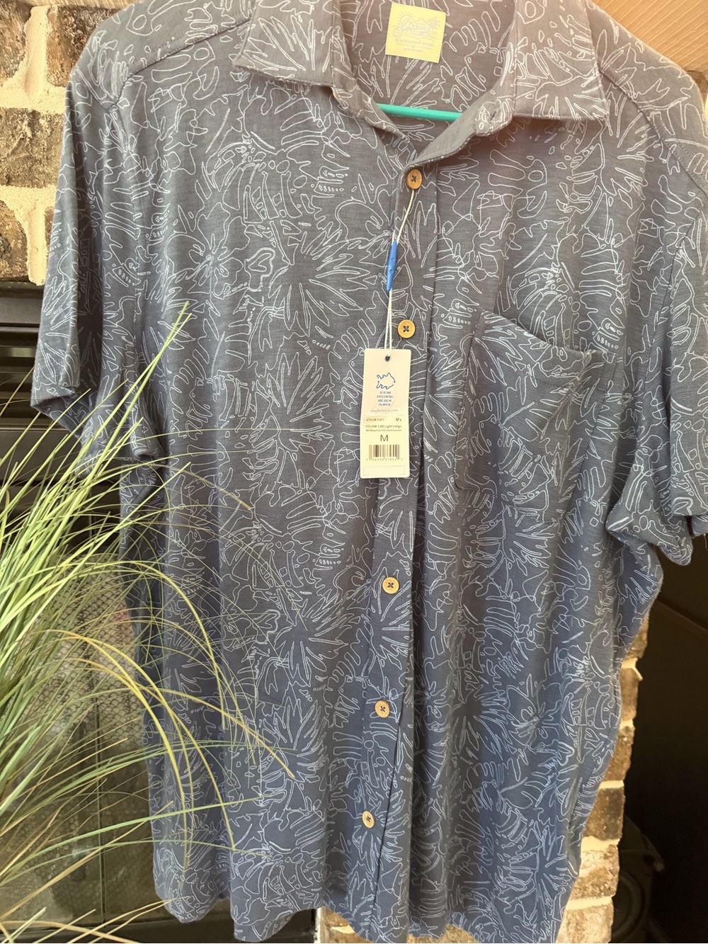 Southern Tide Navy Short-Sleeve Button-Down with Light Floral Line Print
